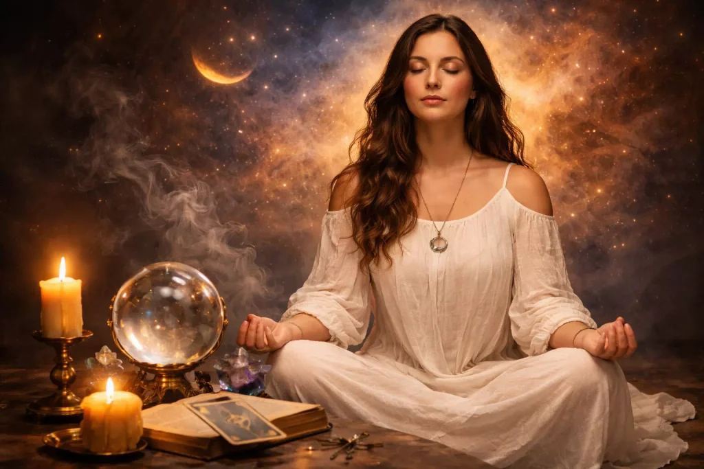 femme en méditation avec boule de cristal et ambiance spirituelle liée à la voyance et à l’intuition